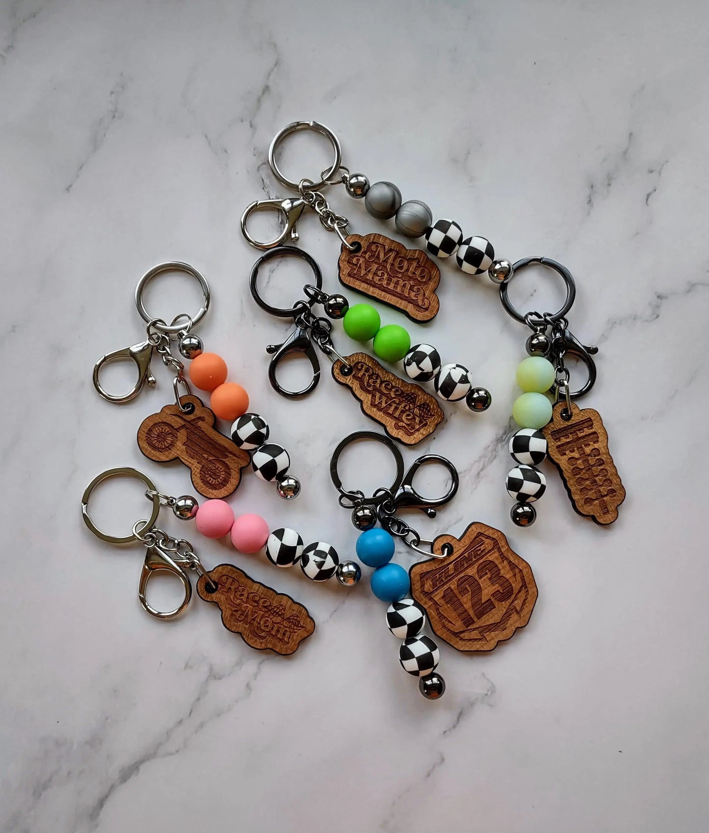 Silicone Bead Checkered Keychain with Solid Cherry Wood Charm - Equinsity Designs