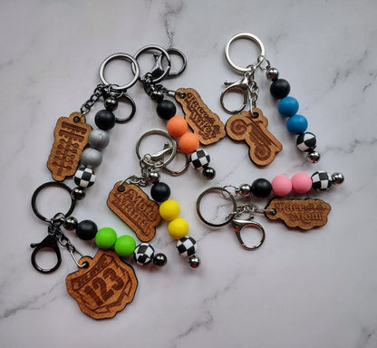 Checkered Silicone Beaded Keychain with Solid Cherry Wood Charm