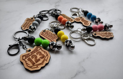 Checkered Silicone Beaded Keychain with Solid Cherry Wood Charm