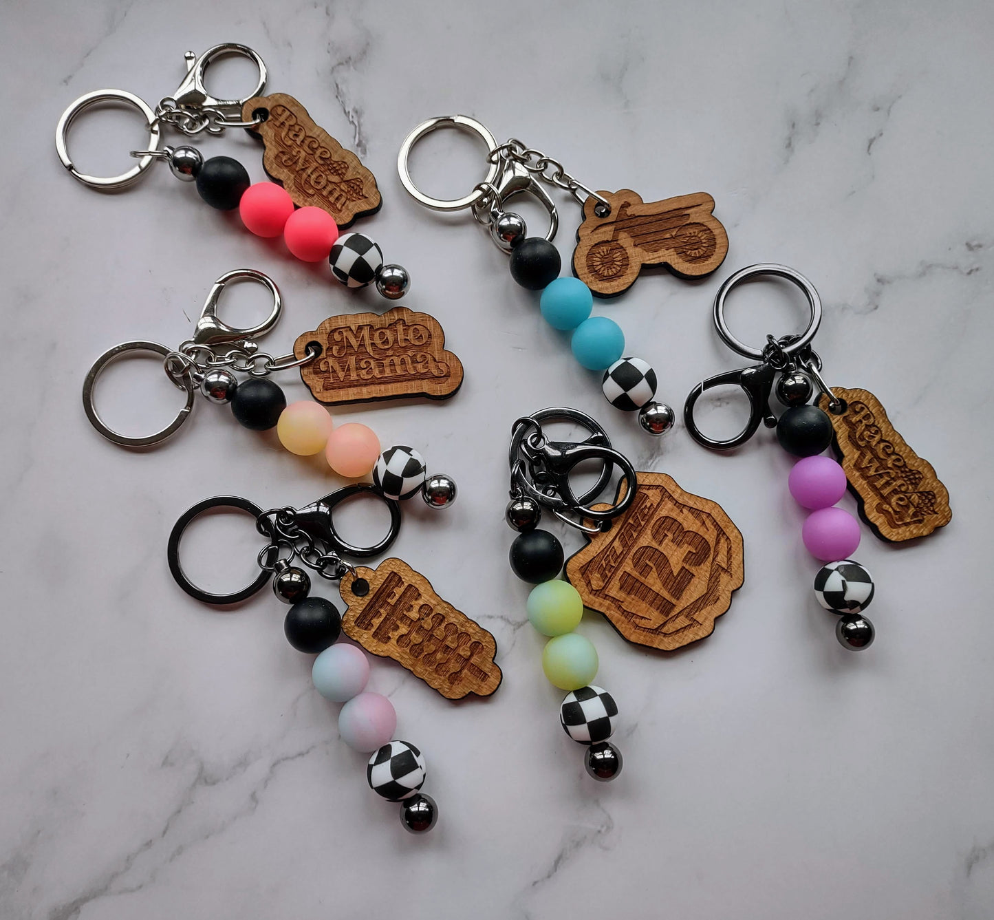 Checkered Silicone Beaded Keychain with Solid Cherry Wood Charm