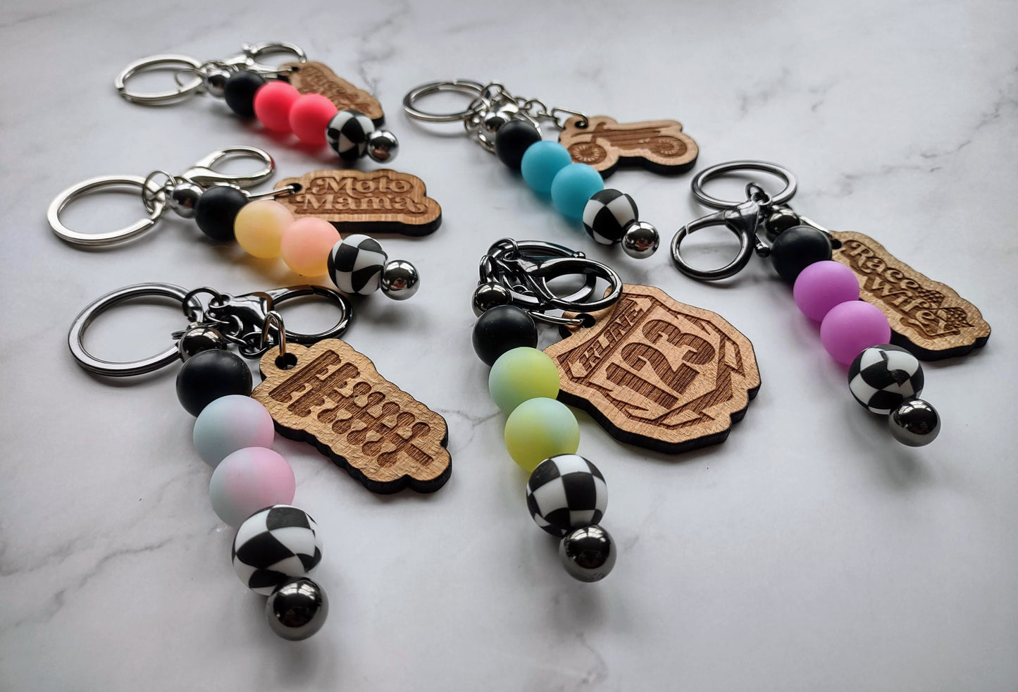 Checkered Silicone Beaded Keychain with Solid Cherry Wood Charm