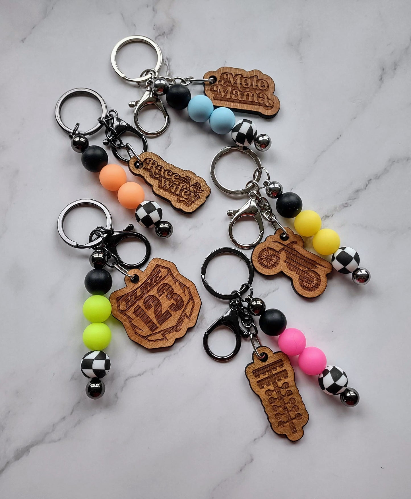 Checkered Silicone Beaded Keychain with Solid Cherry Wood Charm