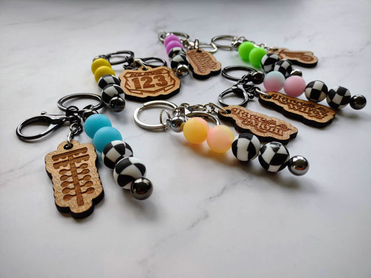 Silicone Bead Checkered Keychain with Solid Cherry Wood Charm